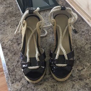 Brown leather peep toe sandals with rope ankle tie